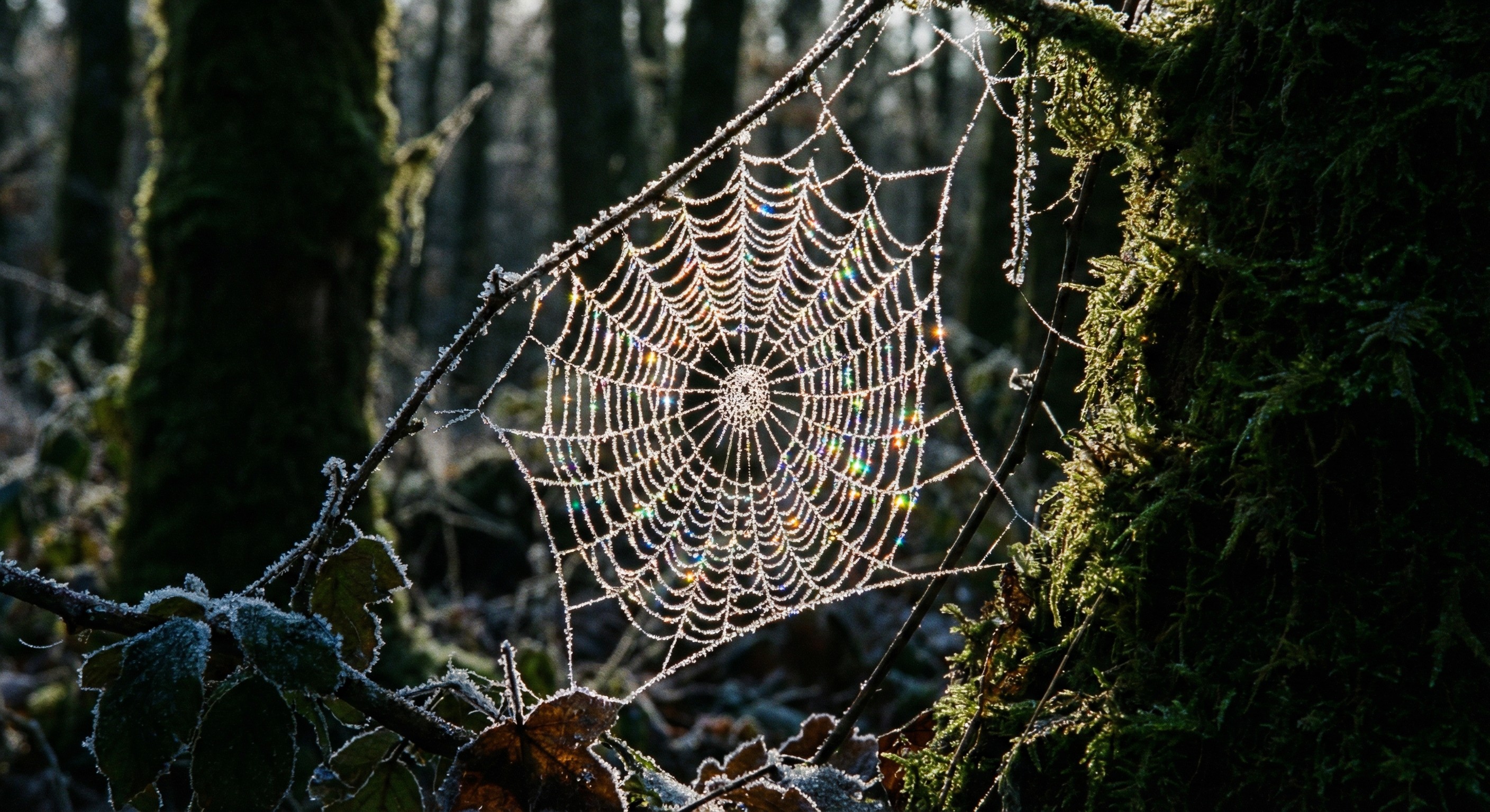 Macro photography of frosted spider web with ice crystals, Nano Banana microscopic detail