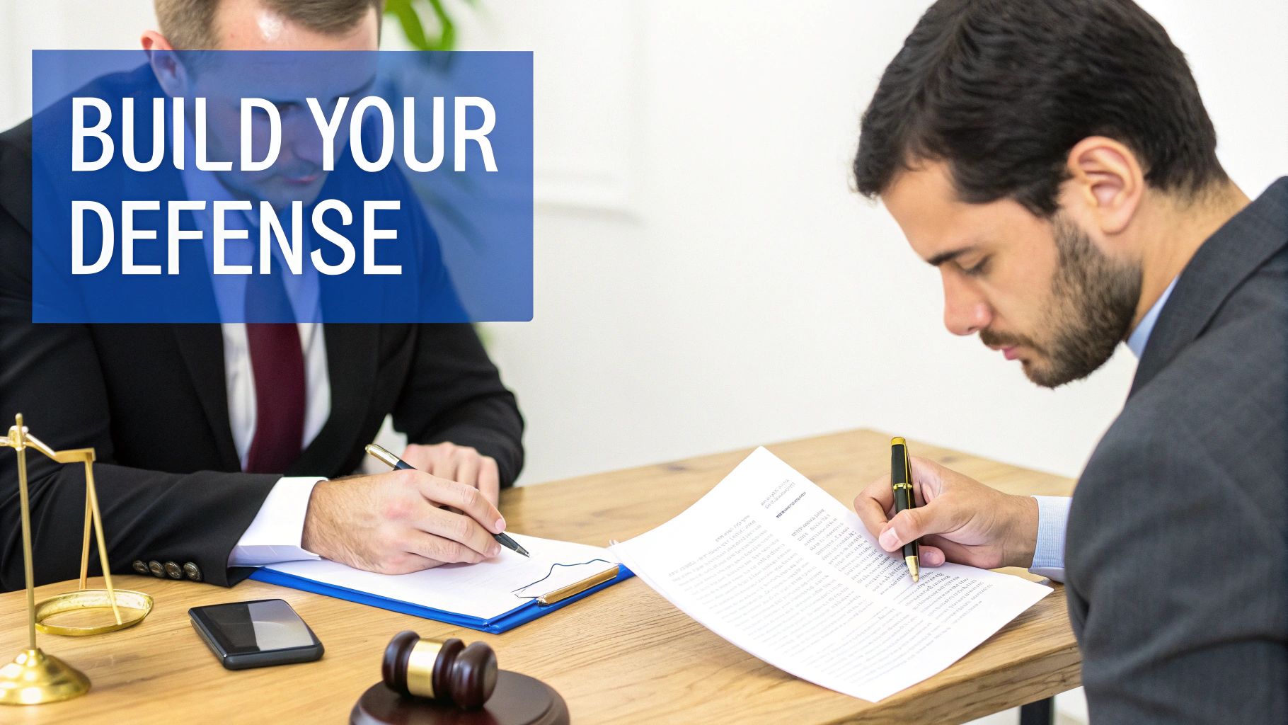 Two lawyers collaborating on a legal defense, with a gavel and scale of justice on the table.