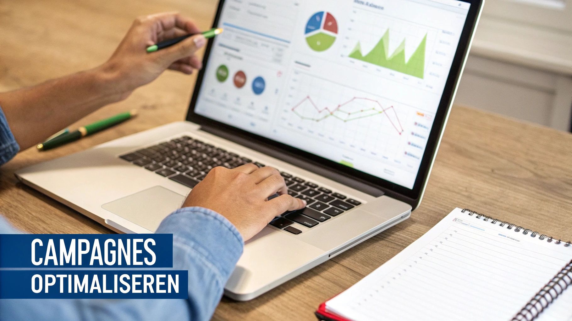 Handen bedienen een laptop met marketingstatistieken en grafieken, wat duidt op campagne-optimalisatie.