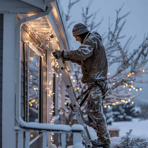Crew removing frozen holiday lights in snowy conditions