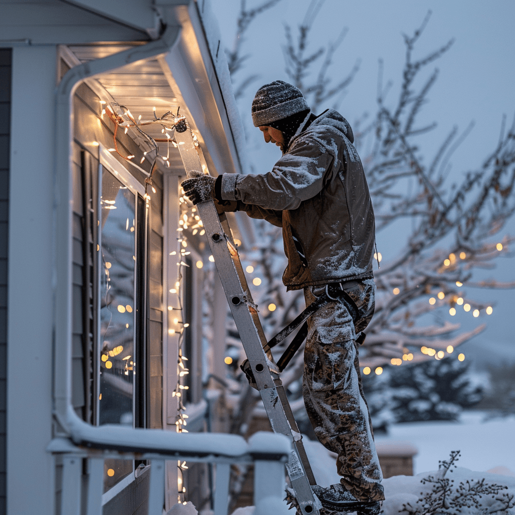Crew removing frozen holiday lights in snowy conditions