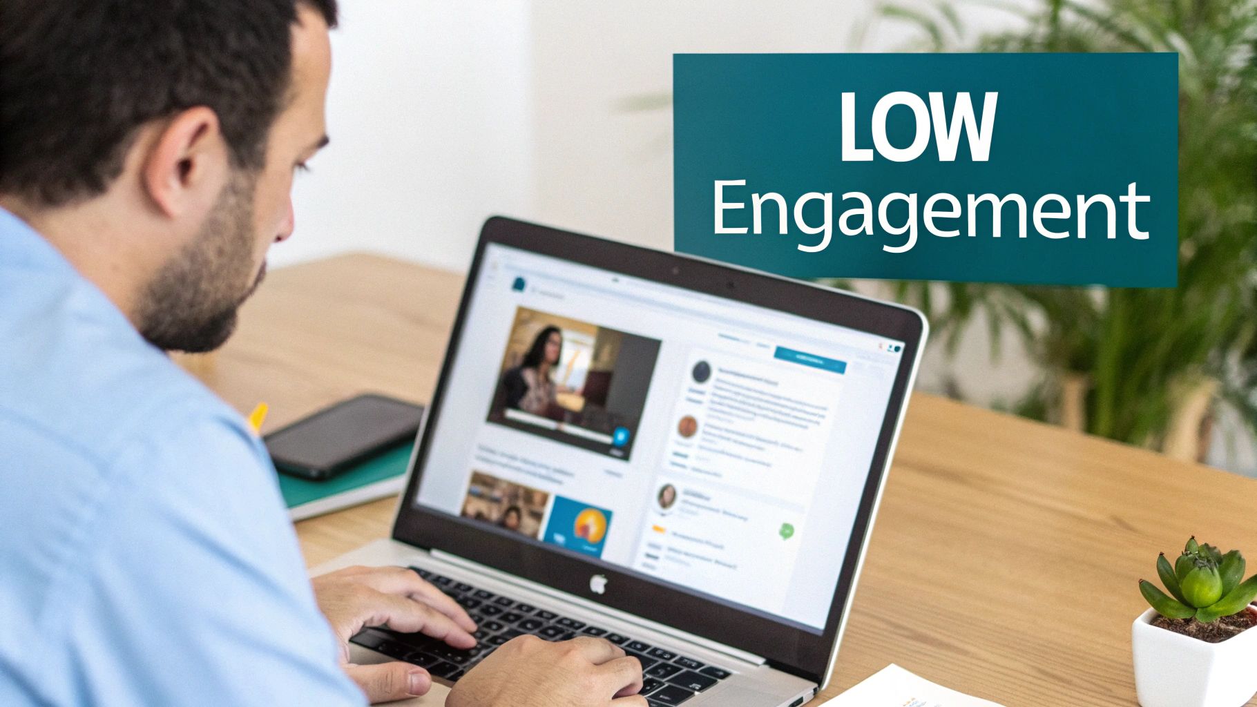 Man viewing a laptop screen with a social media feed and 'LOW Engagement' text overlay.