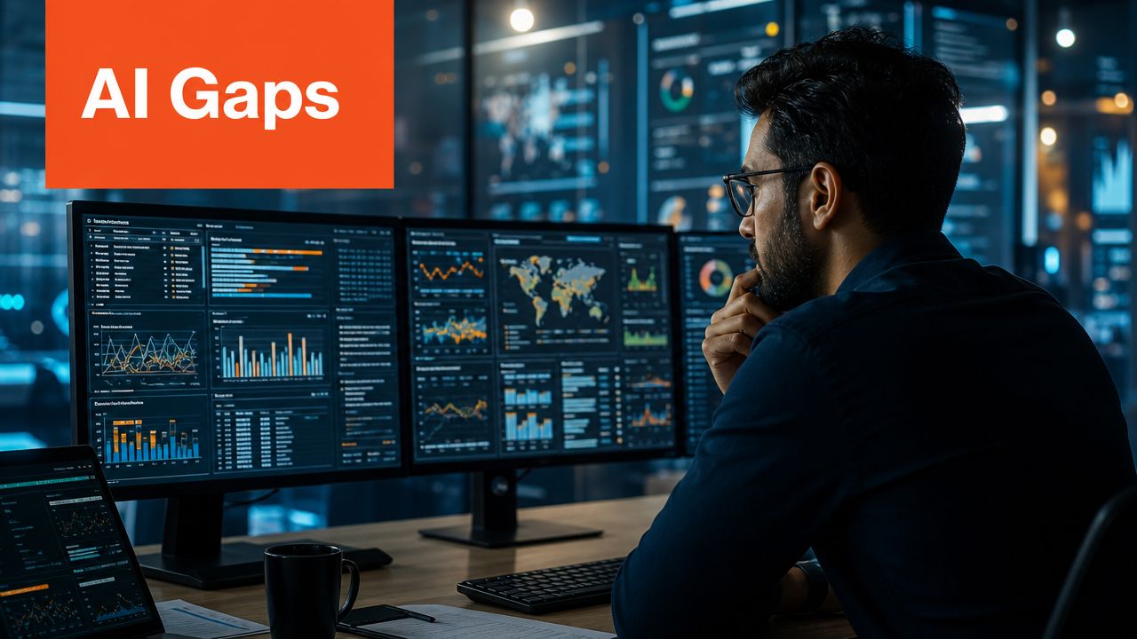 A professional man analyzing complex data dashboards on multiple monitors in a dark, high-tech workspace environment.