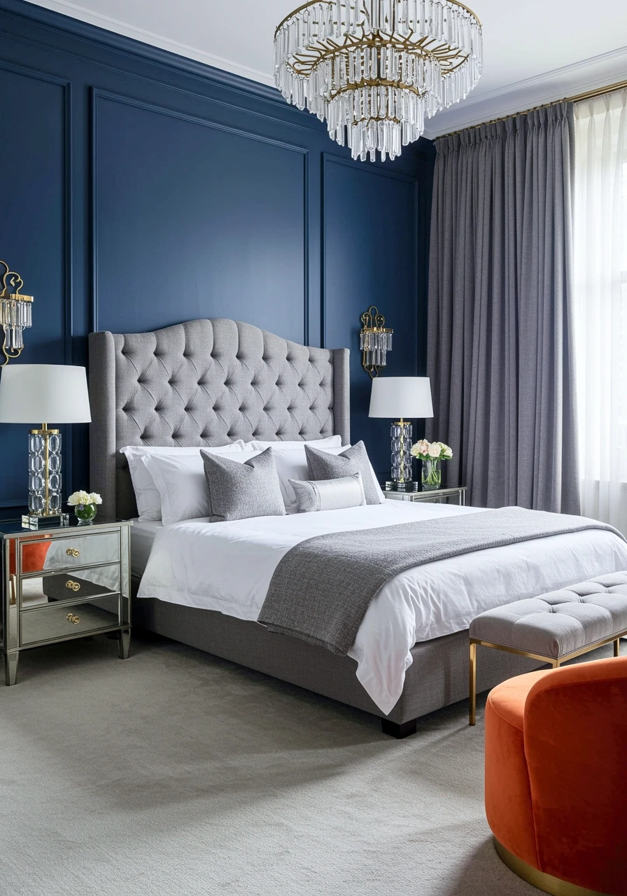Sophisticated bedroom with a deep navy blue accent wall, tufted gray upholstered bed, mirrored nightstands, crystal lamps, and a tiered chandelier, creating a luxurious and moody atmosphere.