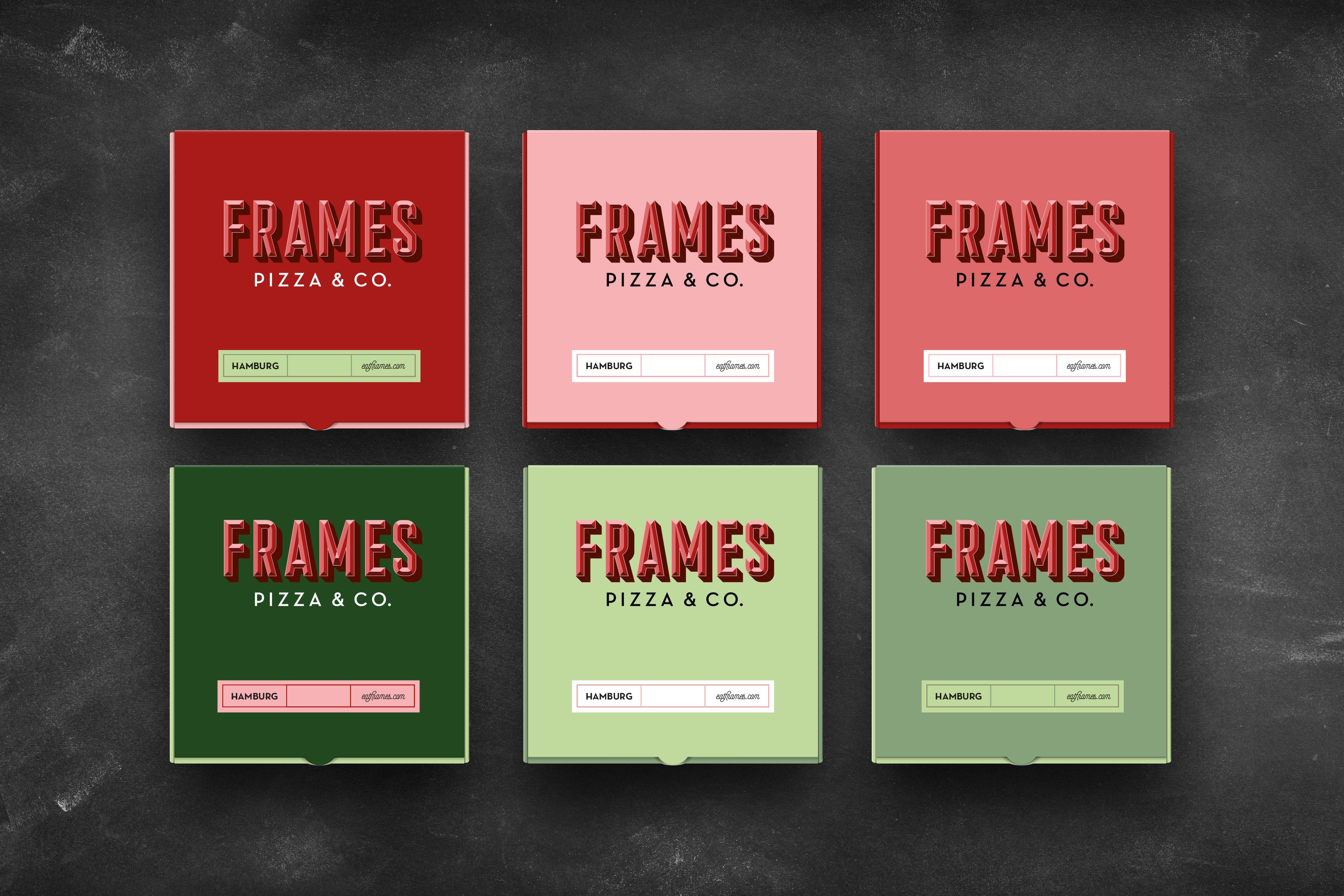 Packaging Design für Frames Pizza Slices – moderne Pizzaverpackung mit auffälliger Typografie und kräftigen Farben