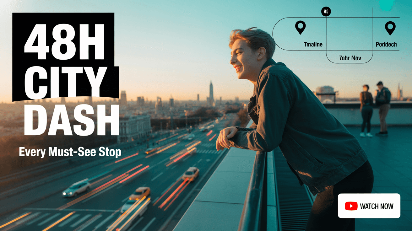 Travel vlog thumbnail with rooftop host, city skyline, itinerary icons, and 48-hour city dash headline