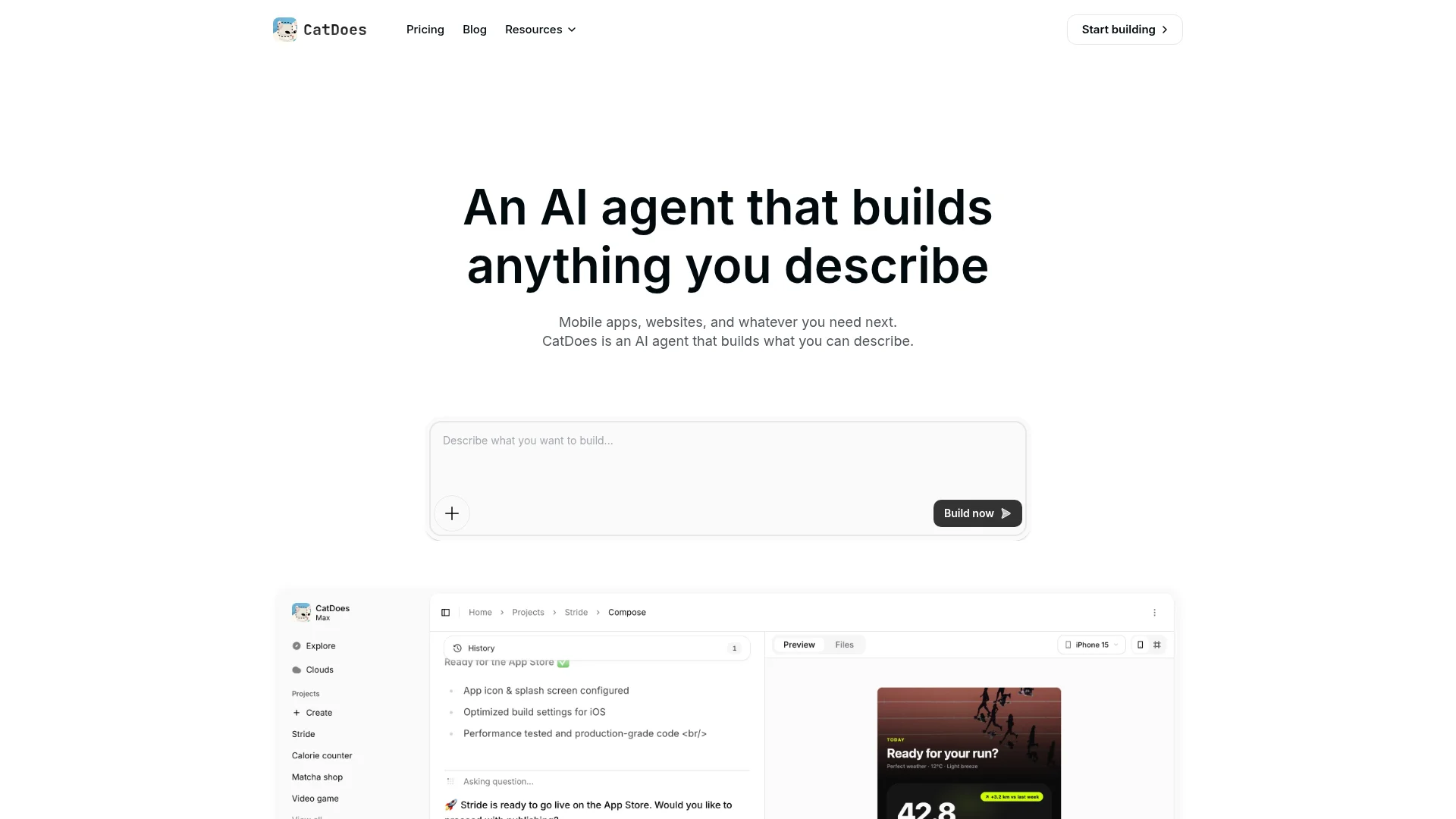 CatDoes homepage showing the AI mobile app builder and import flow