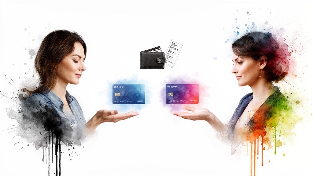 Two women exchanging credit cards, a wallet, and receipt, symbolizing financial transactions and services.