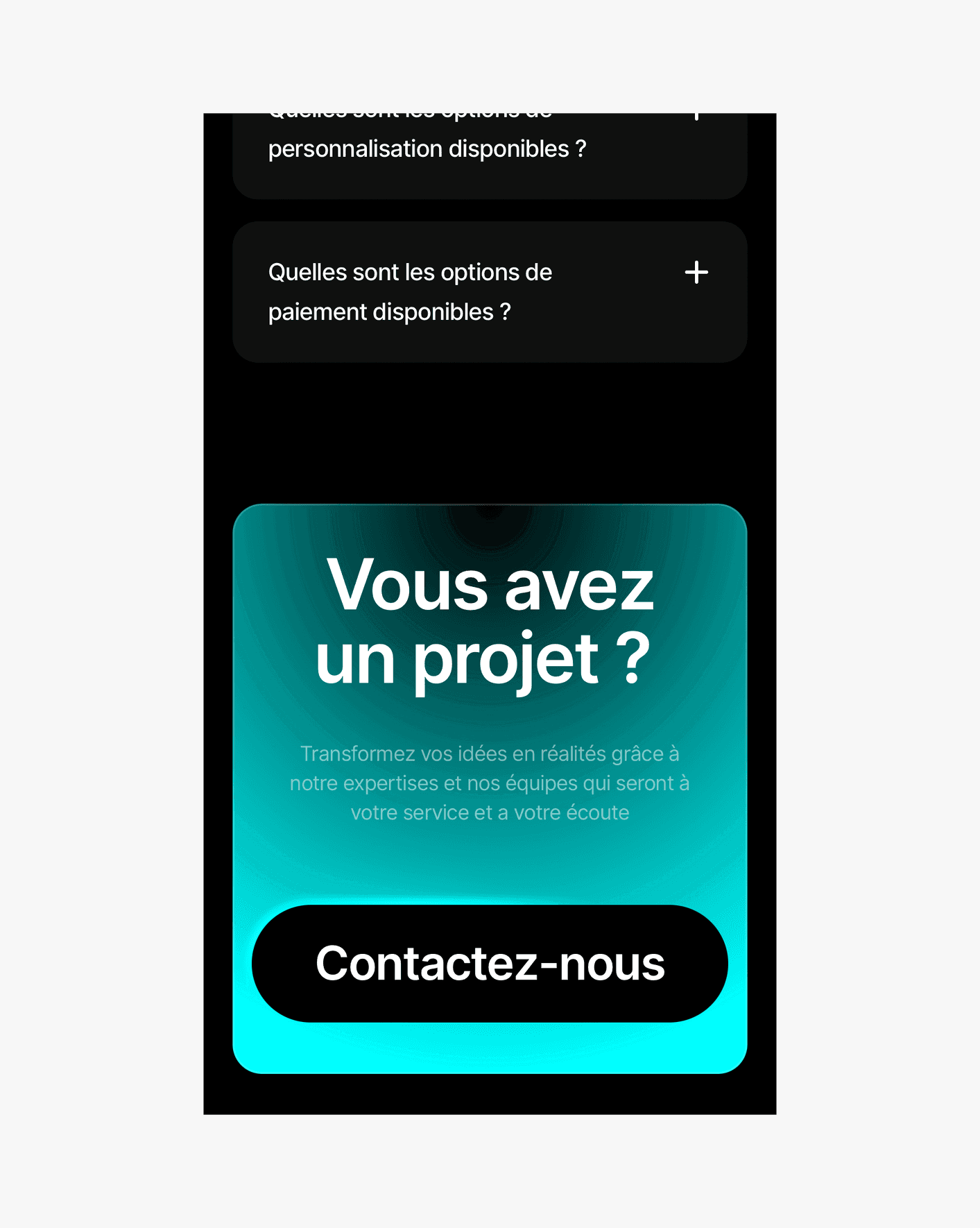 Version mobile de la section "Vous avez un projet ?" avec un bouton "Contactez-nous" en noir sur fond bleu dégradé