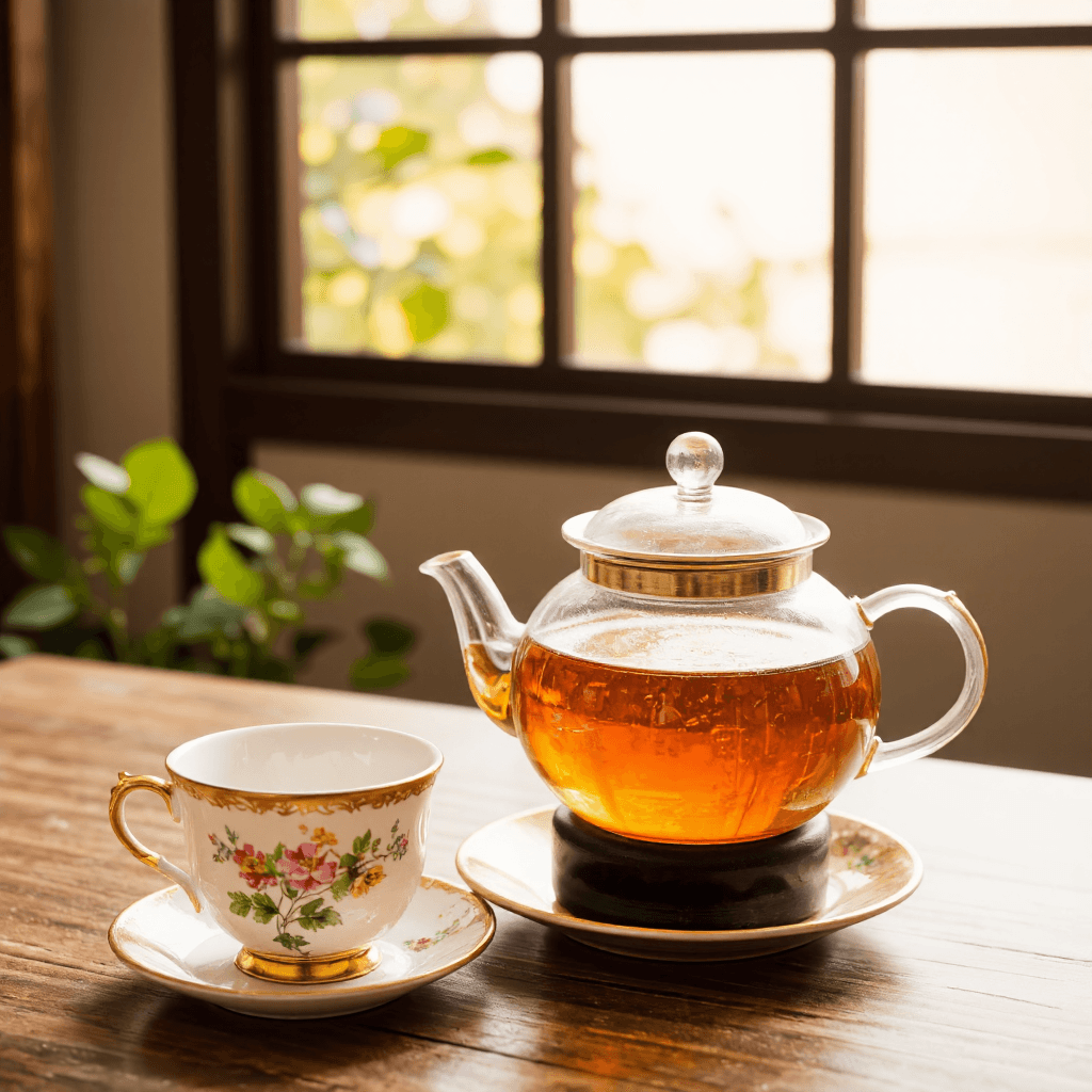 product photography of a cup of tea with a teapot