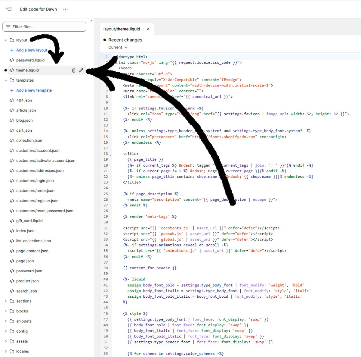 Shopify code editor showing the theme.liquid file selected, with an arrow highlighting where to insert code.