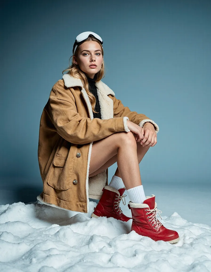 Woman in tan sherpa jacket and red winter boots sitting in studio with snow, wearing white visor cap