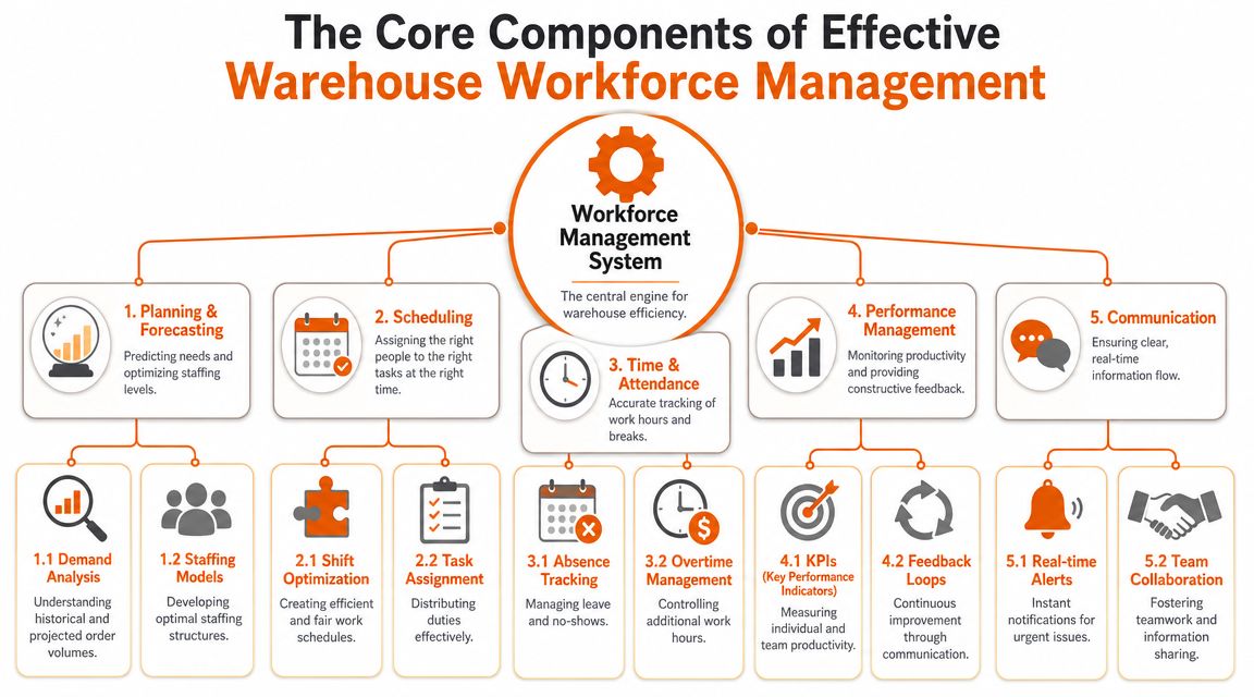 A diagram illustrating the core components of effective warehouse workforce management including planning, scheduling, and communication.