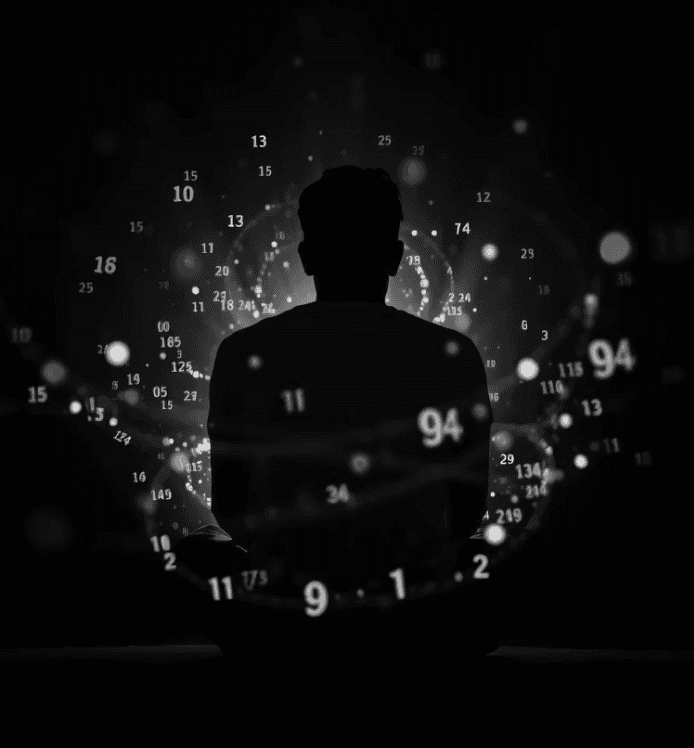 A silhouette meditates amidst glowing numbers and abstract light patterns