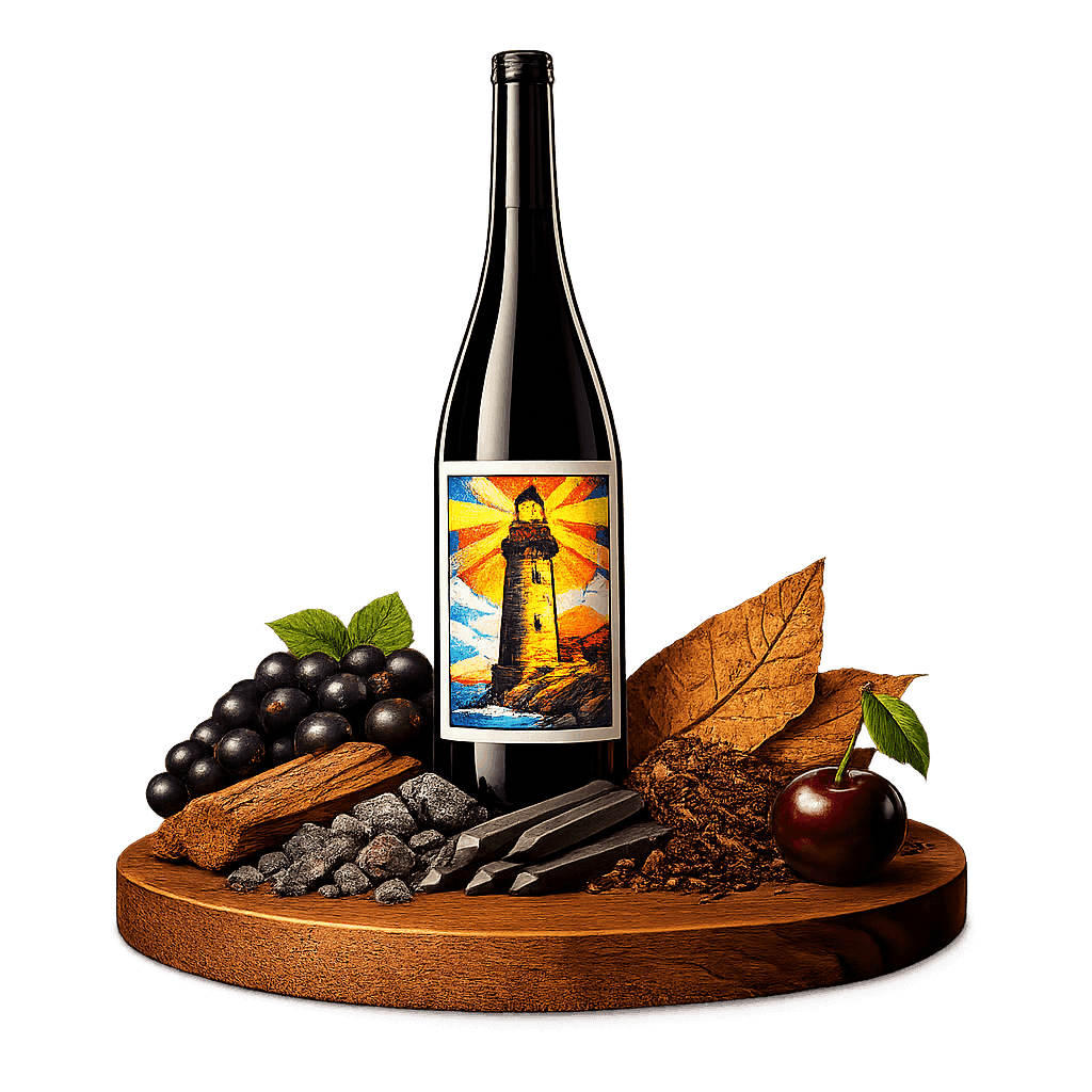 Artistic label and flavor profile for Bordeaux Médoc on a rustic wooden table.