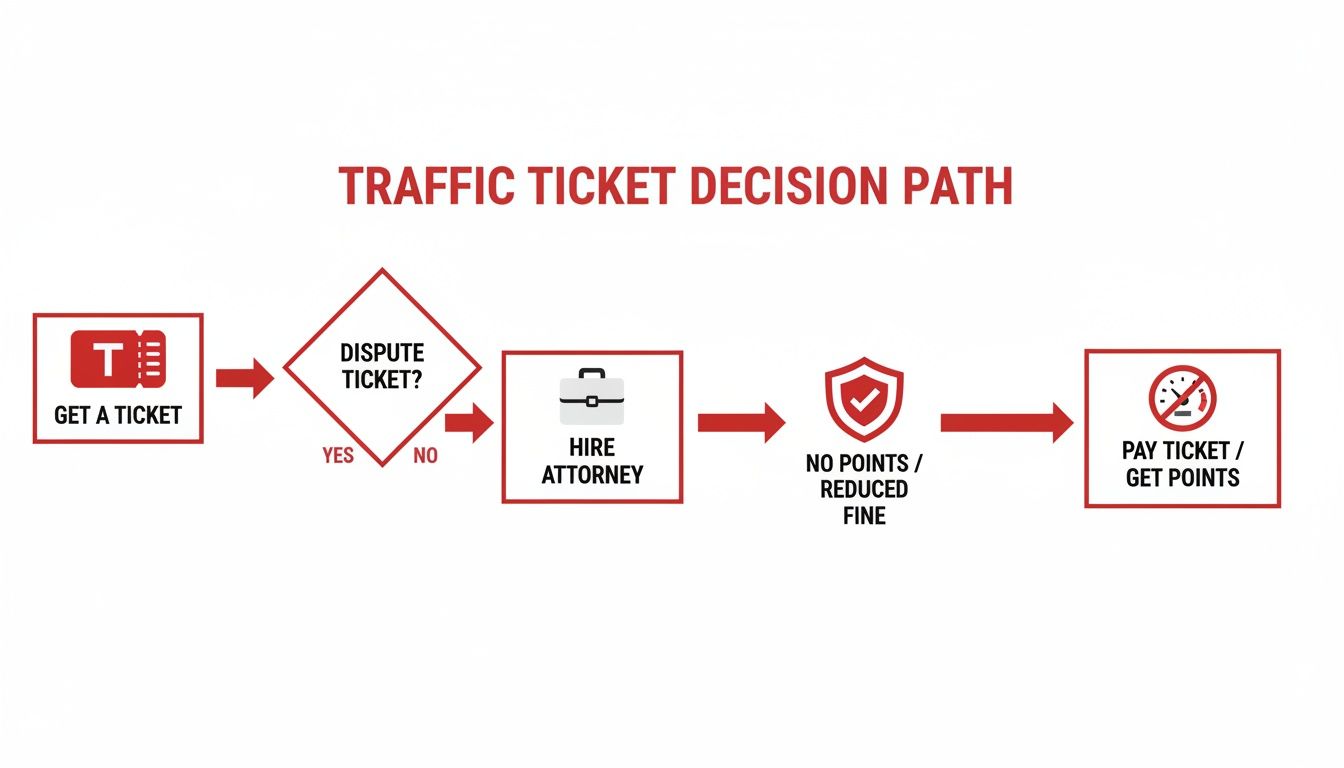 Flowchart illustrating the traffic ticket decision path: dispute ticket, hire attorney, or pay and get points.
