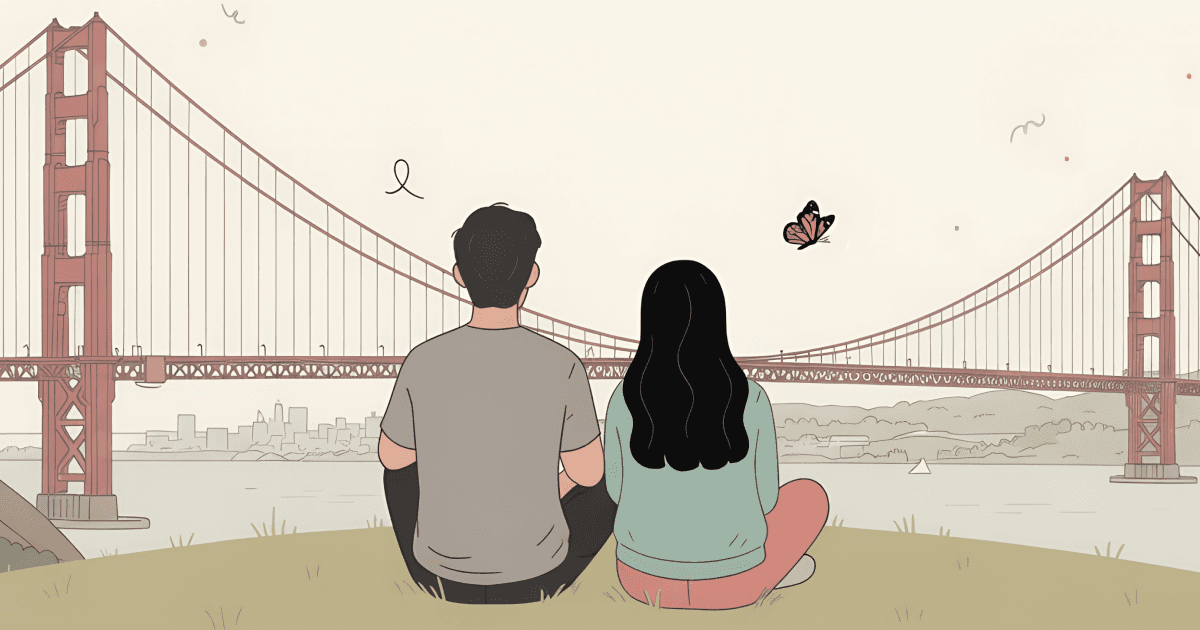 Illustration of a couple sitting on grass seen from behind, looking out at the Golden Gate Bridge and San Francisco skyline. The man wears a gray t-shirt, the woman a mint green top. A monarch butterfly floats nearby. Warm cream background with hand-drawn doodle marks in muted tones. Flat painterly style, variable linework.