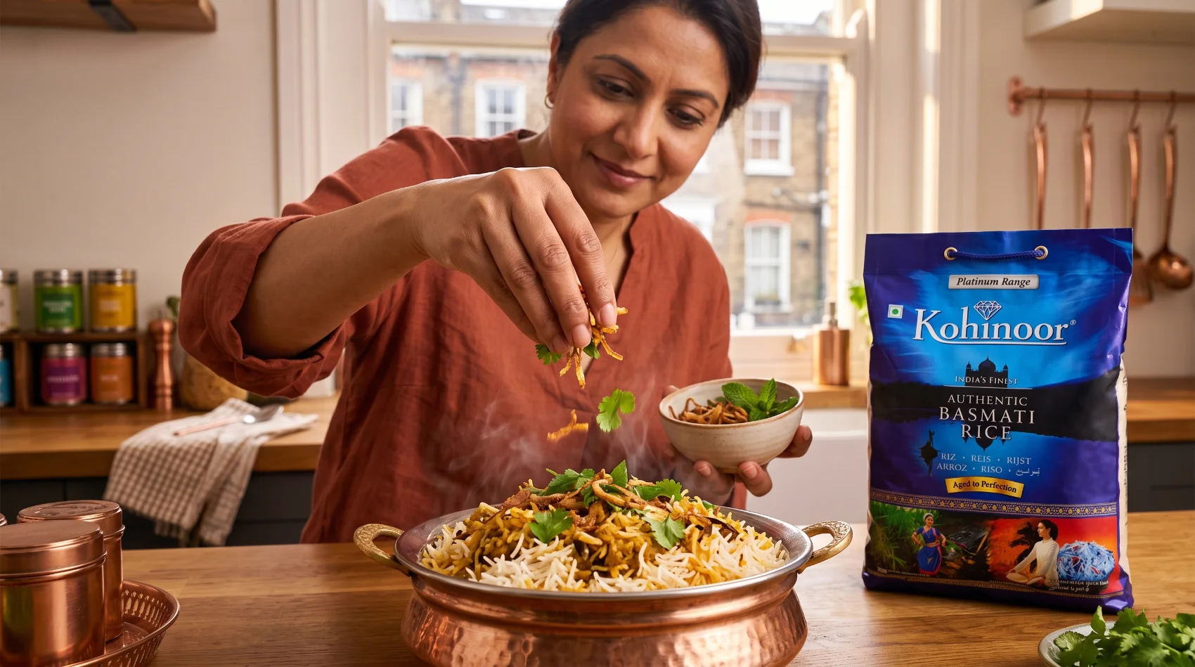 Woman garnishing steaming biryani with fried onions and coriander beside Kohinoor Platinum Range Authentic Basmati Rice bag