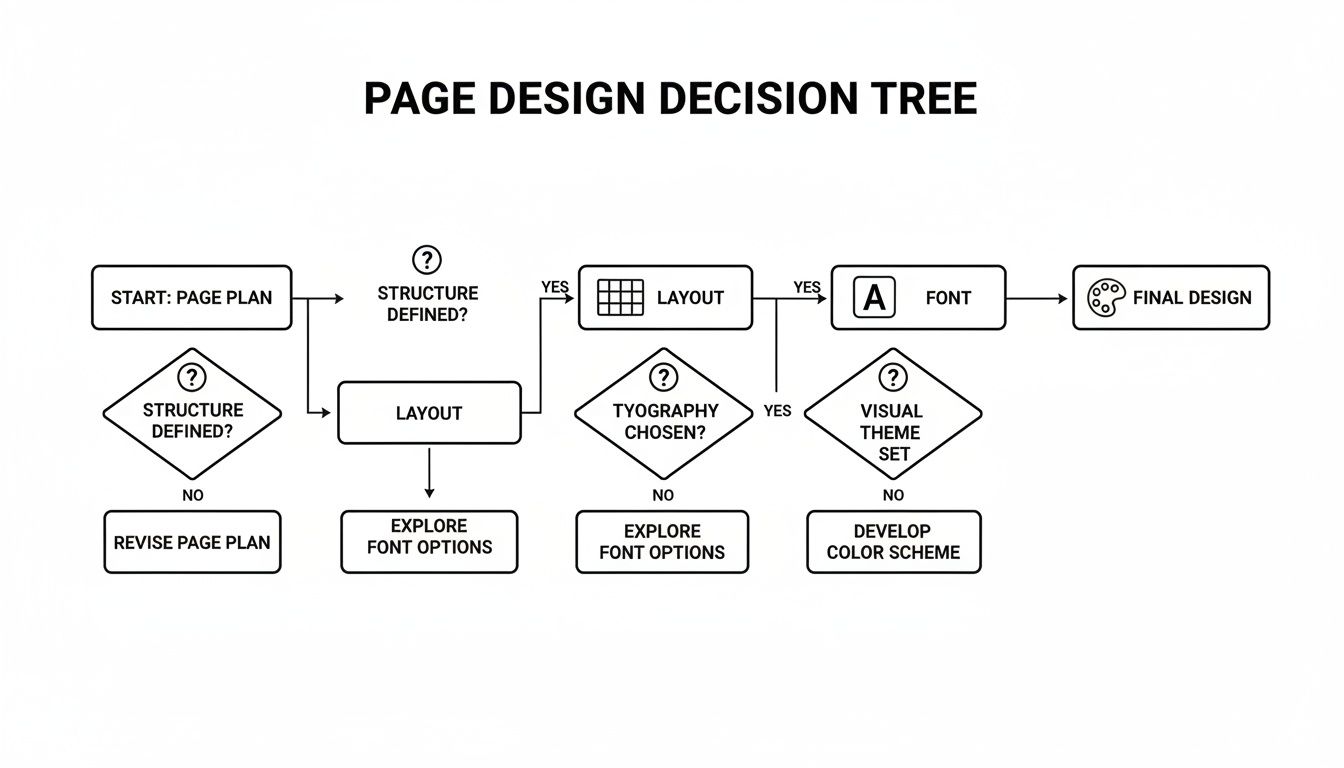 Flowchart illustrating a page design decision tree from planning to final design.