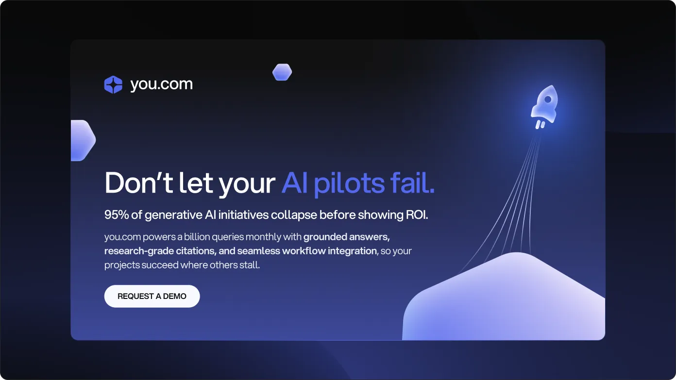 You.com advertising campaign featuring enterprise AI adoption messaging, research-backed AI, and demo CTAs.