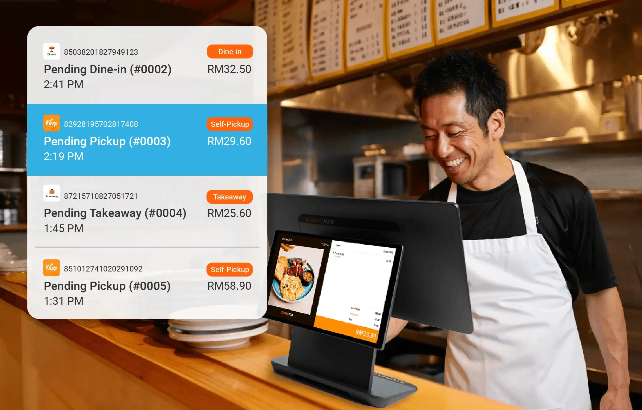 Malaysian restaurant staff using the StoreHub cloud POS system to manage dine-in and takeaway orders.