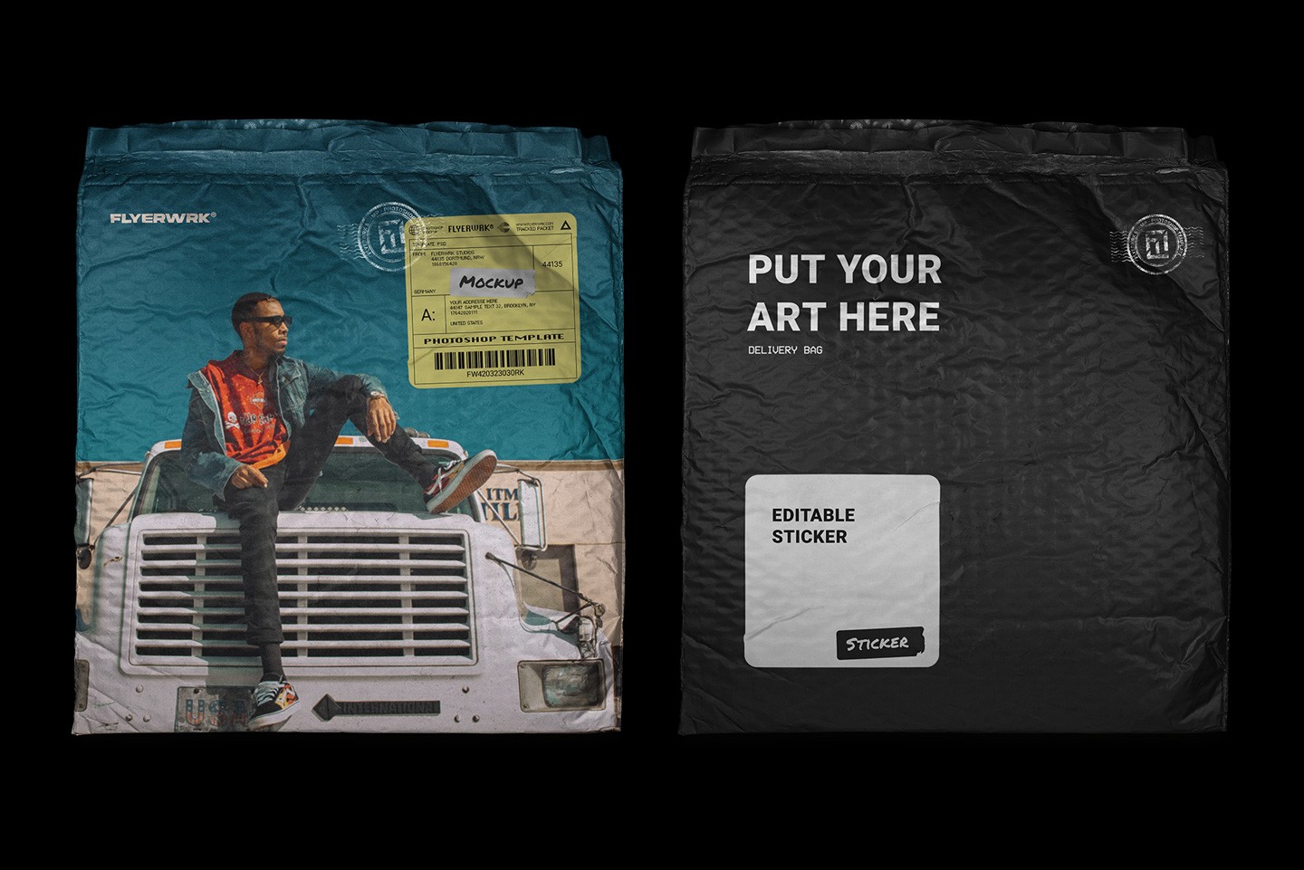 Crinkled Bubble Mailer Mockup showing a dark blue photographic design and a minimalist black version with white text