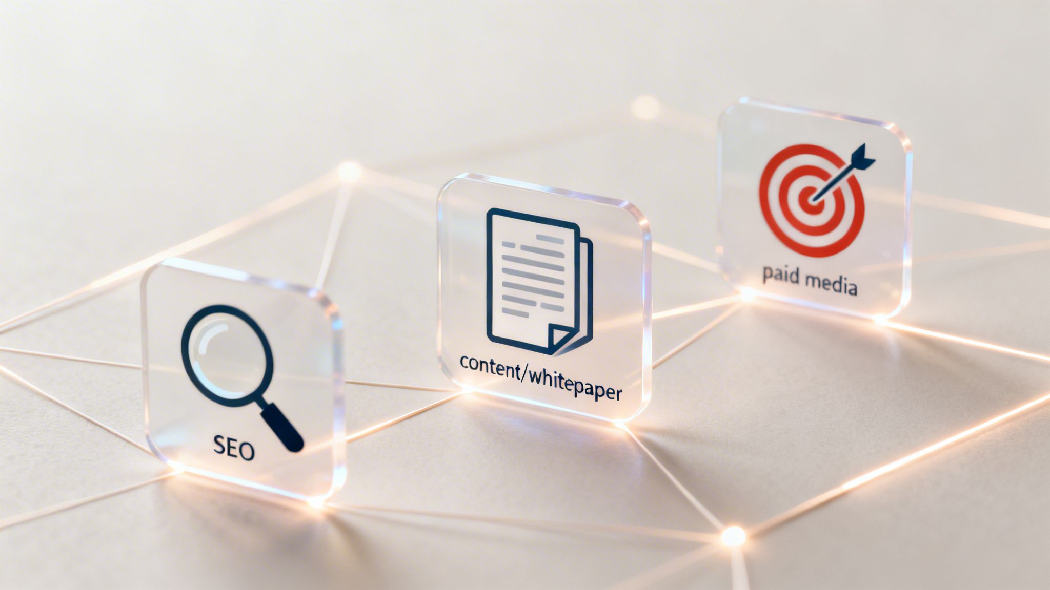 Three glowing clear icons for SEO, content/whitepaper, and paid media, representing digital marketing strategies.