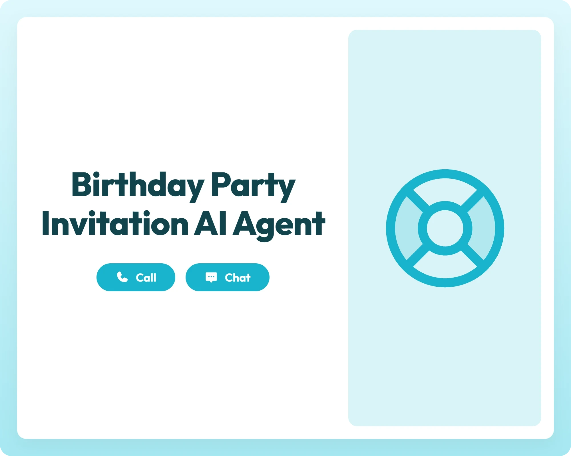 birthday party invitation ai event agent offers support through call and chat buttons alongside a lifebuoy icon panel