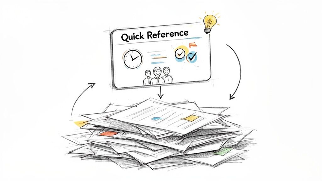 A Quick Reference guide with icons for time, people, and tasks, simplifying a large stack of papers.