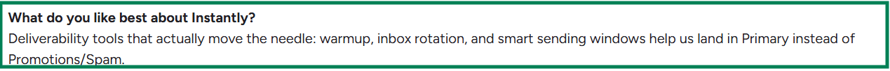 Instantly G2 review about email warmup and inbox rotation