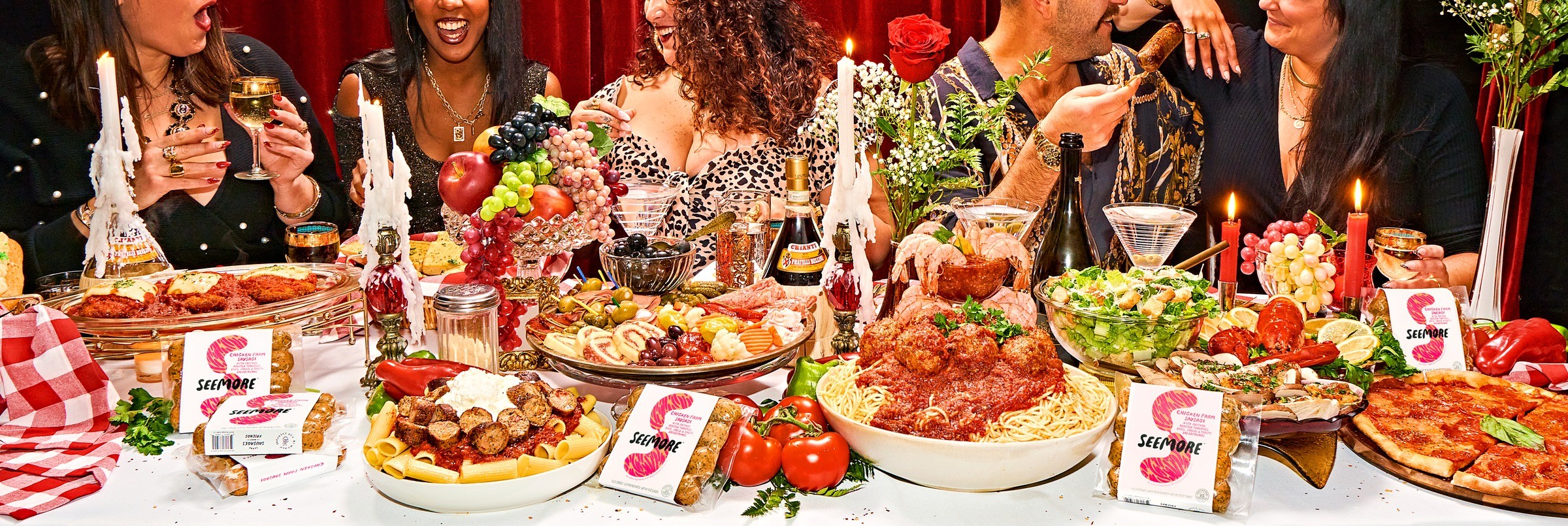 Wide view of the Seemore’s Chicken Parm dinner party