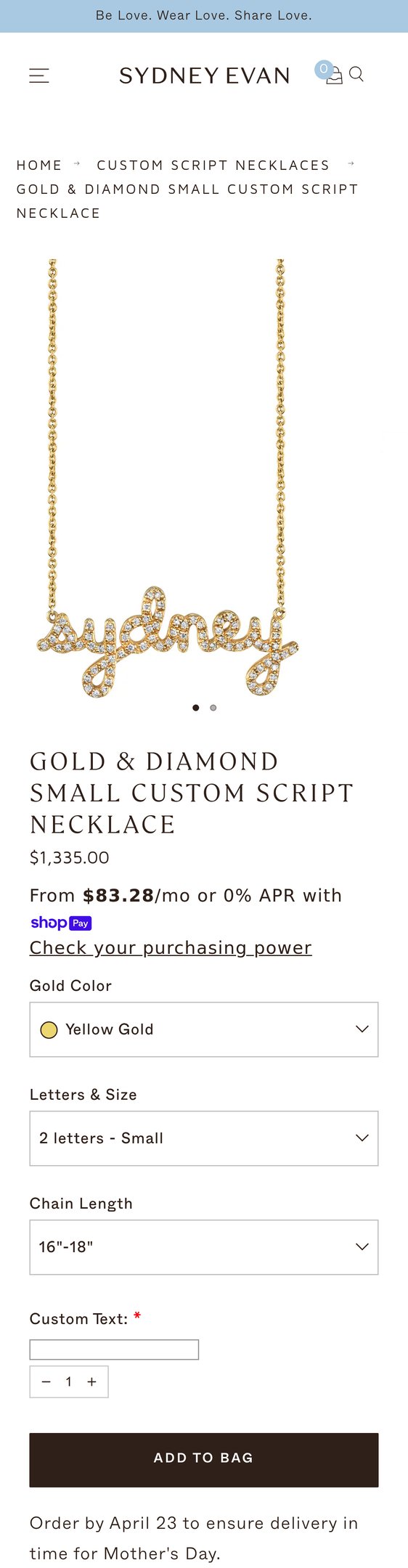 Jewelry product options include: necklace for Gold & Diamond Small Custom Script Necklace from Sydney Evan.