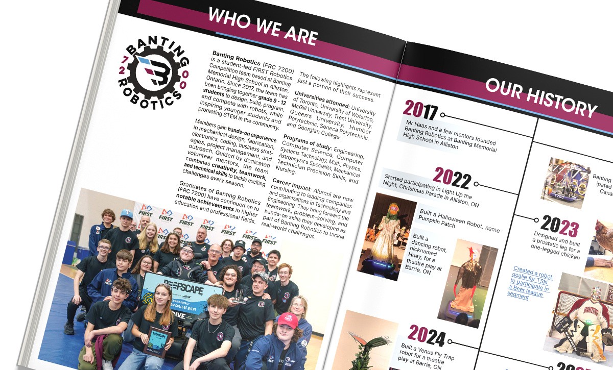 Banting Robotics Sponsorship Package opened to a spread explaining team's story