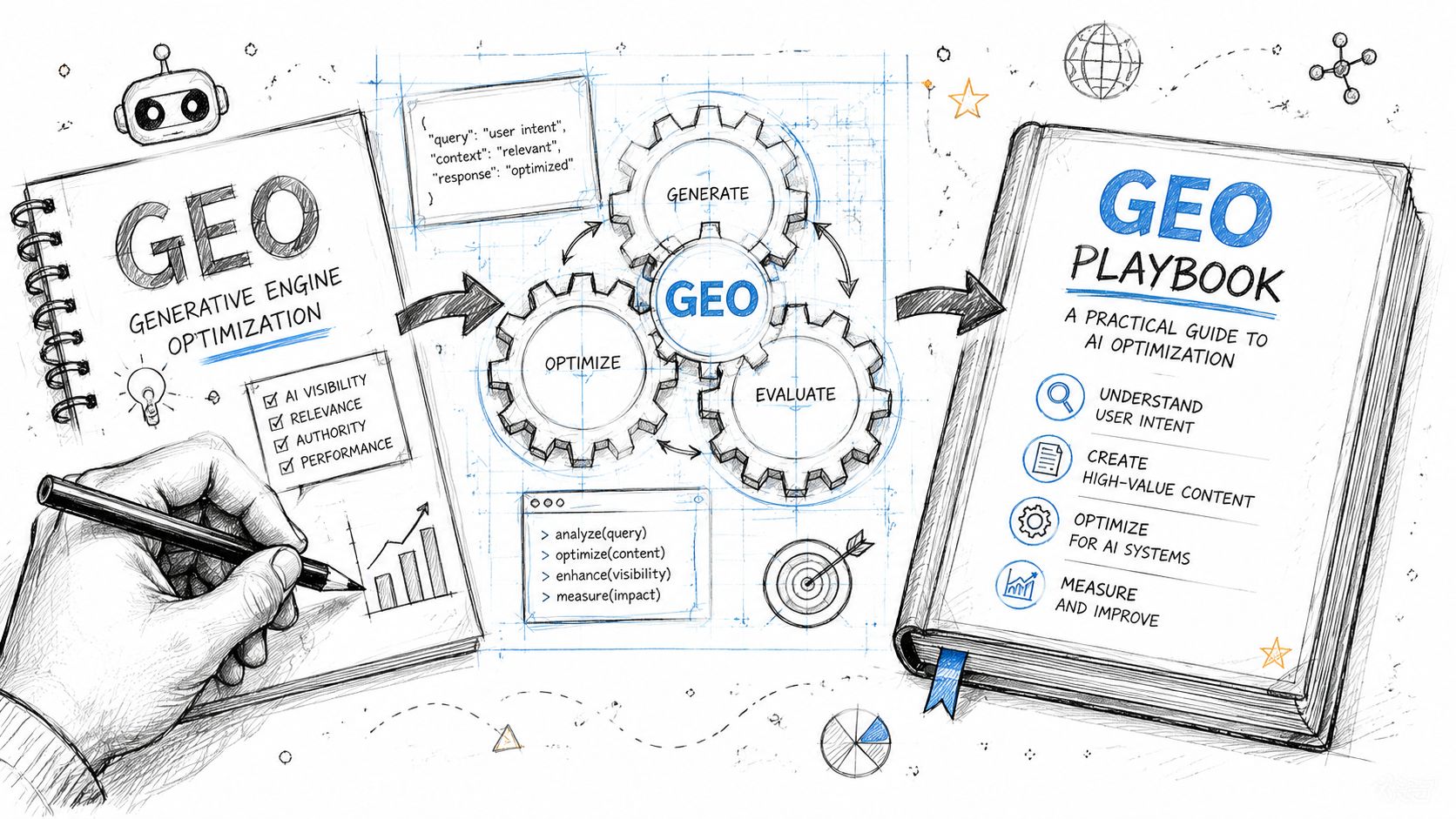 A hand-drawn illustration depicting the generative engine optimization process for enhancing content visibility and search relevance.