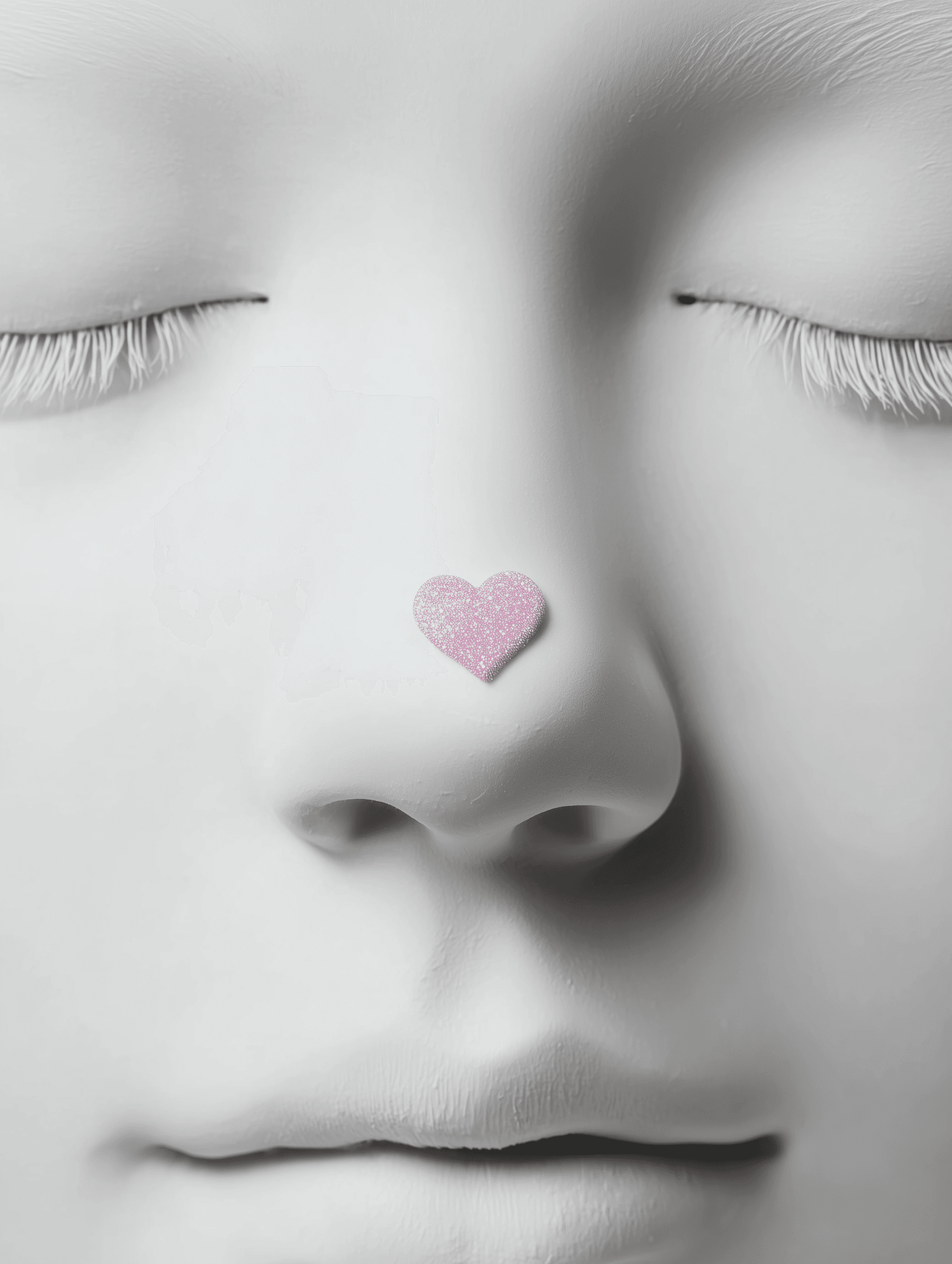 Close-up of a white sculptural face with closed eyes and a small pink heart placed on the bridge of the nose