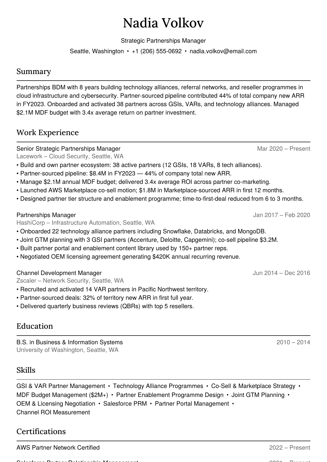 Partnerships business development manager resume example
