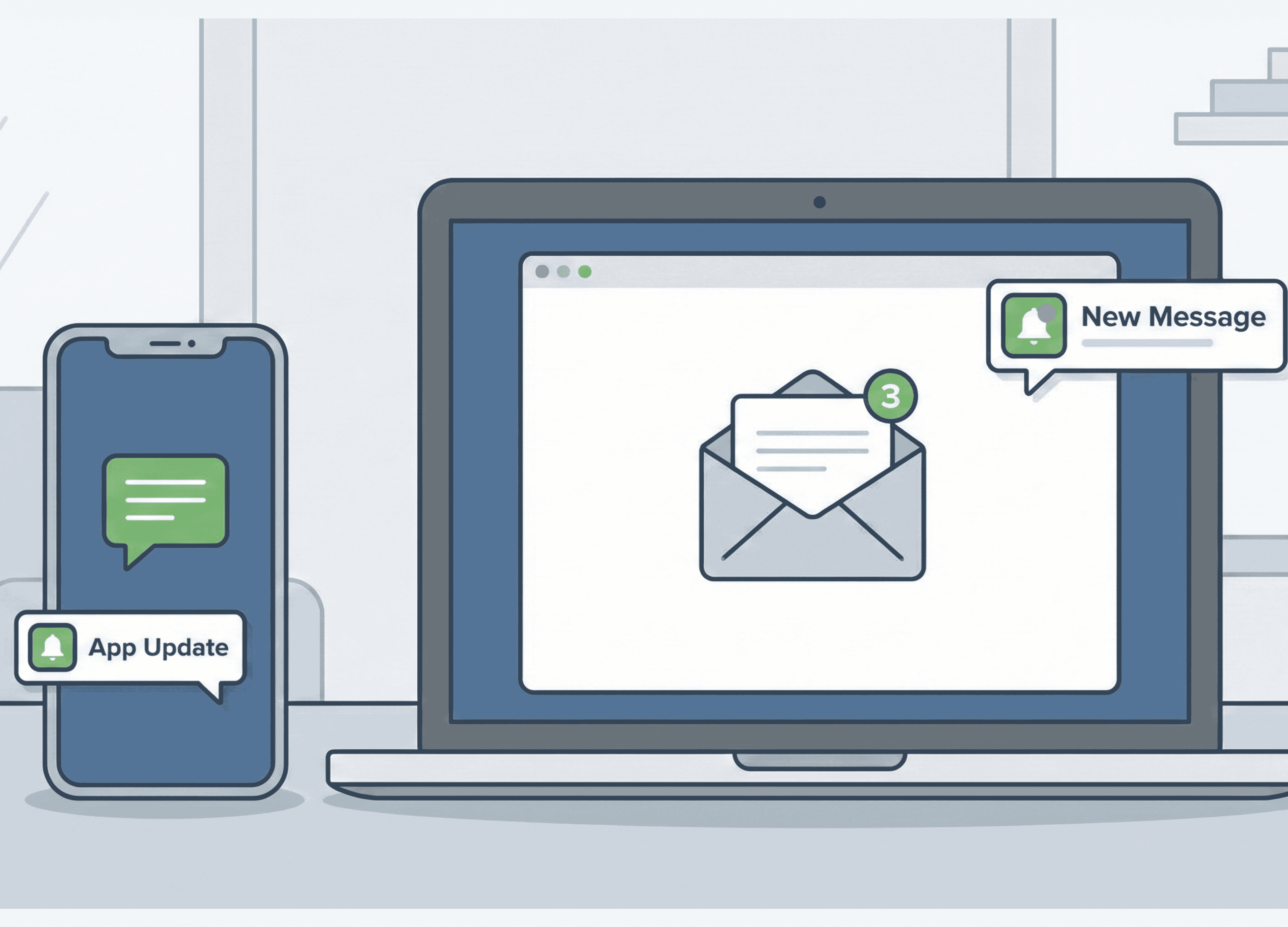 Illustration showing email, SMS, and push notifications across a laptop and smartphone, representing multi-channel customer communication.