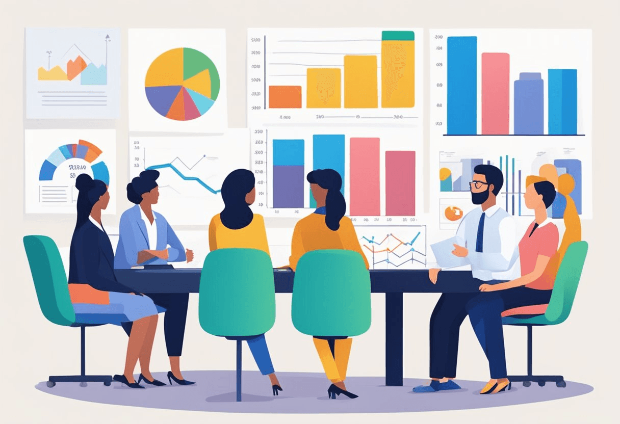 HR and recruiting professionals discussing gender pay gap strategies in a conference room with charts and graphs on the wall