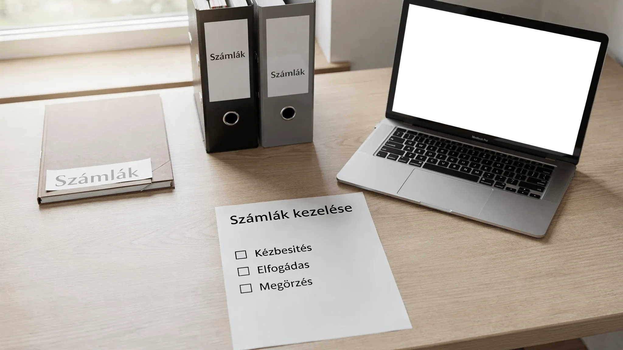 Egy asztalon mappa és iratrendező látható „Számlák” felirattal, mellette laptop és egy egyszerű ellenőrző lista a kézbesítés, elfogadás és megőrzés lépéseiről.