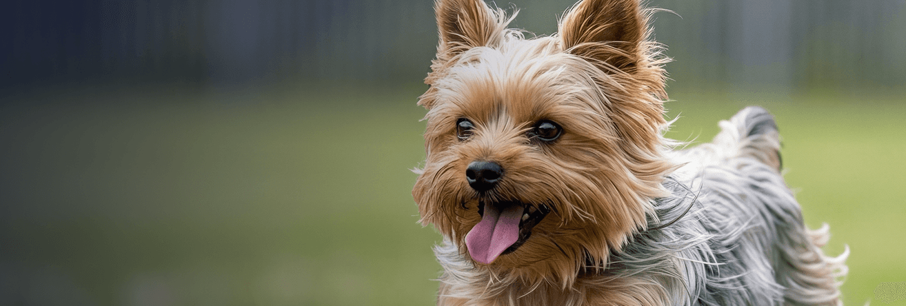 Small dog running outdoors with tongue out, indicating hydration and active energy