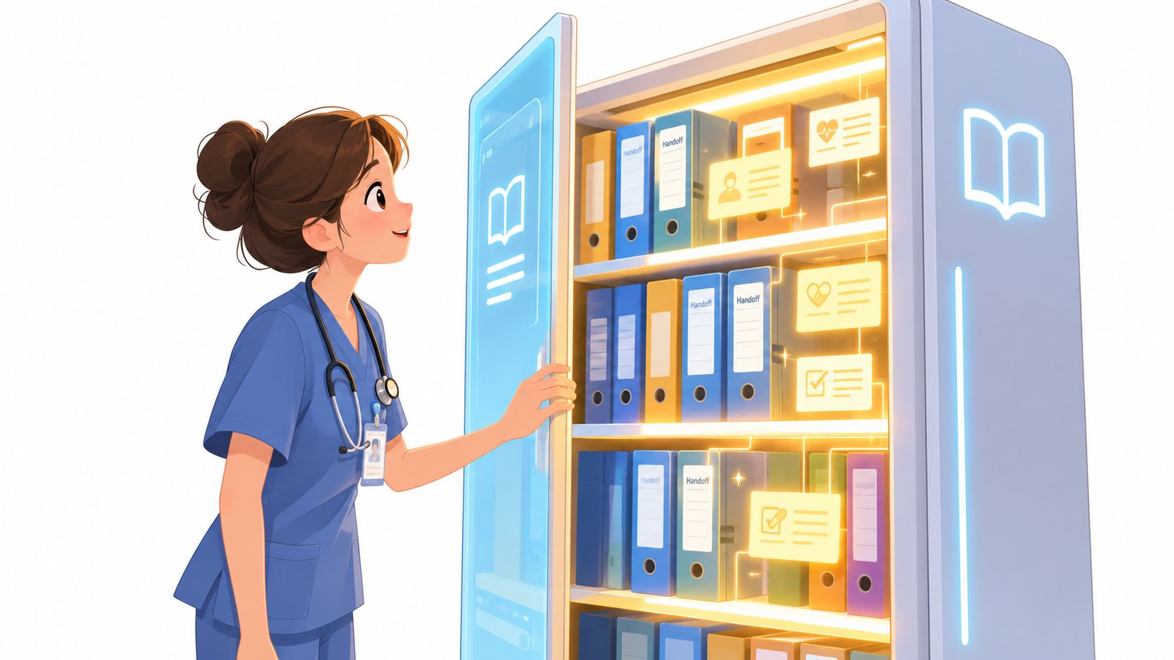 A nurse in blue scrubs looking at a digital filing cabinet for medical handoff notes.