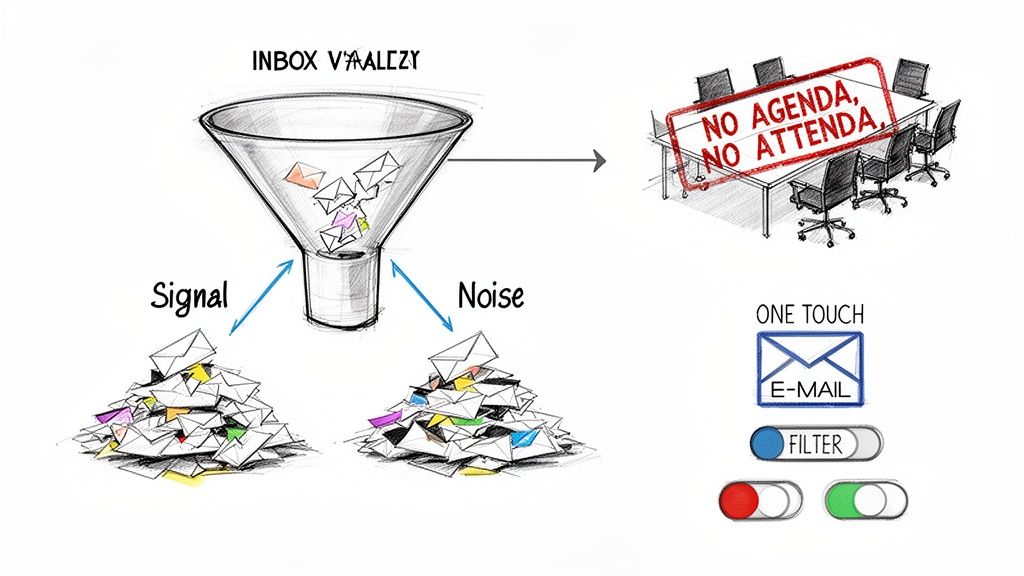Diagram illustrating email filtering through a funnel, separating signal from noise to improve productivity.