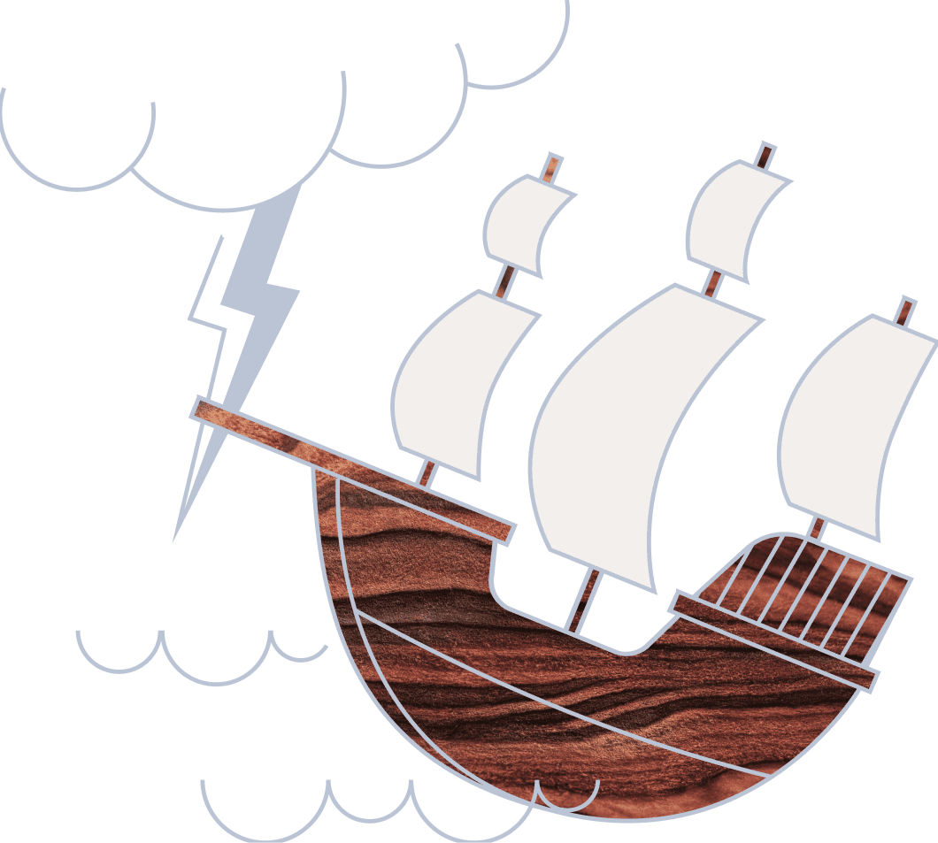 An icon of a ship made of wood in a storm.