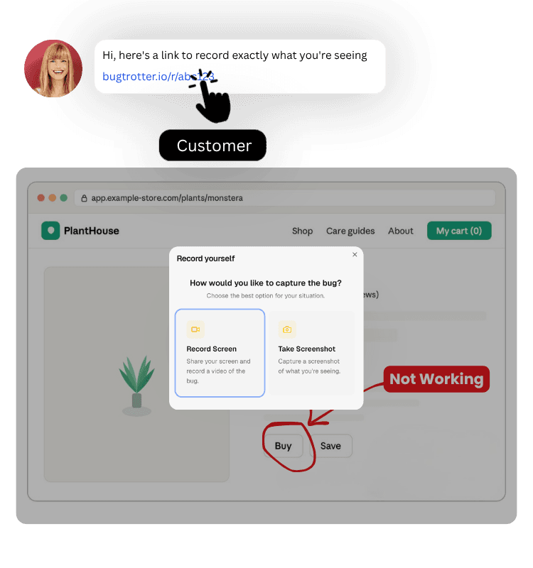 Customer clicking a Bugtrotter recording link in a support chat to report a bug
