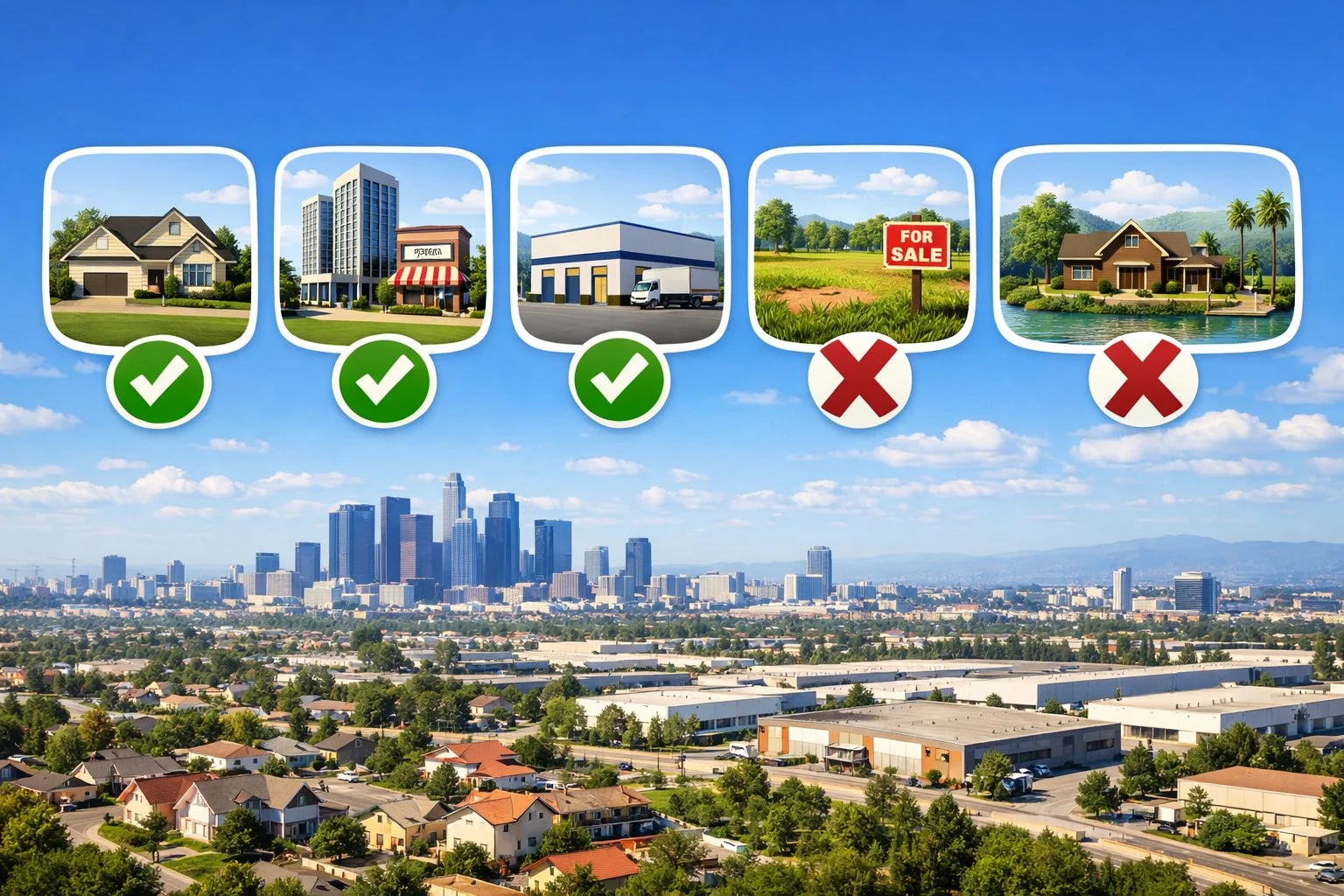 Visual checklist above a cityscape showing residential, commercial, and warehouse properties with green checkmarks, and land or personal homes with red crosses.