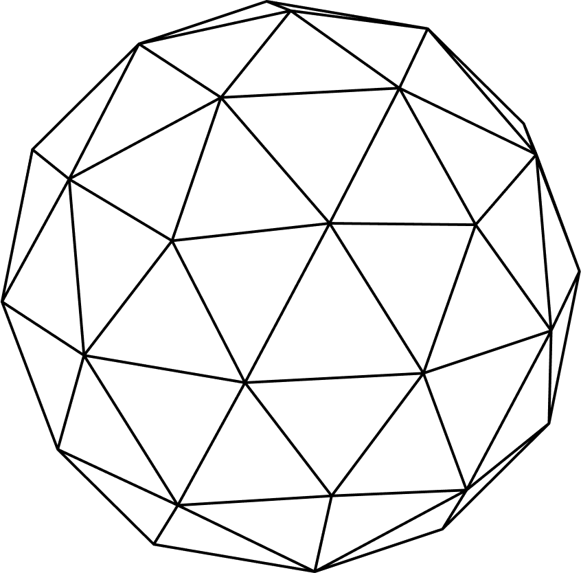 Geometric design featuring a spherical shape composed of interconnected lines and triangles.