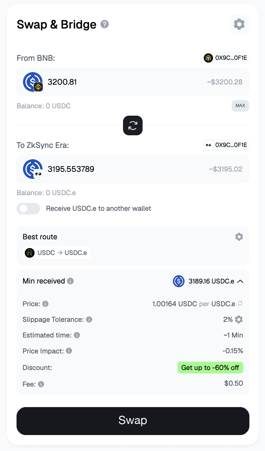 Bridge to ZkSync Era — live route: 3,200.81 USDC (BNB) to 3,195.55 USDC.e (ZkSync Era) · Symbiosis