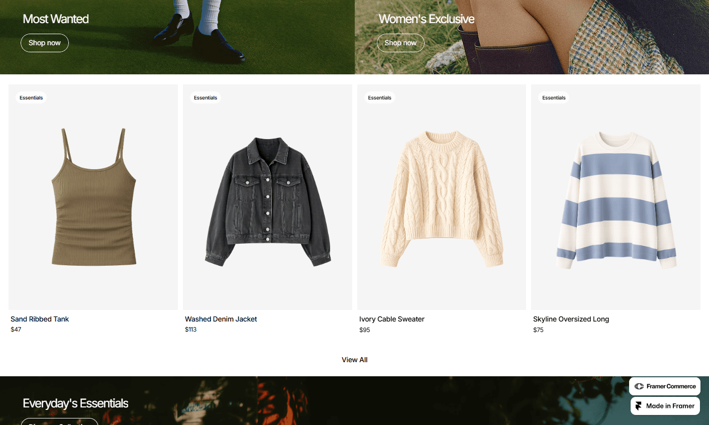 Product showcase section with a tank top, beige jacket, and striped button-up shirt on white backgrounds.