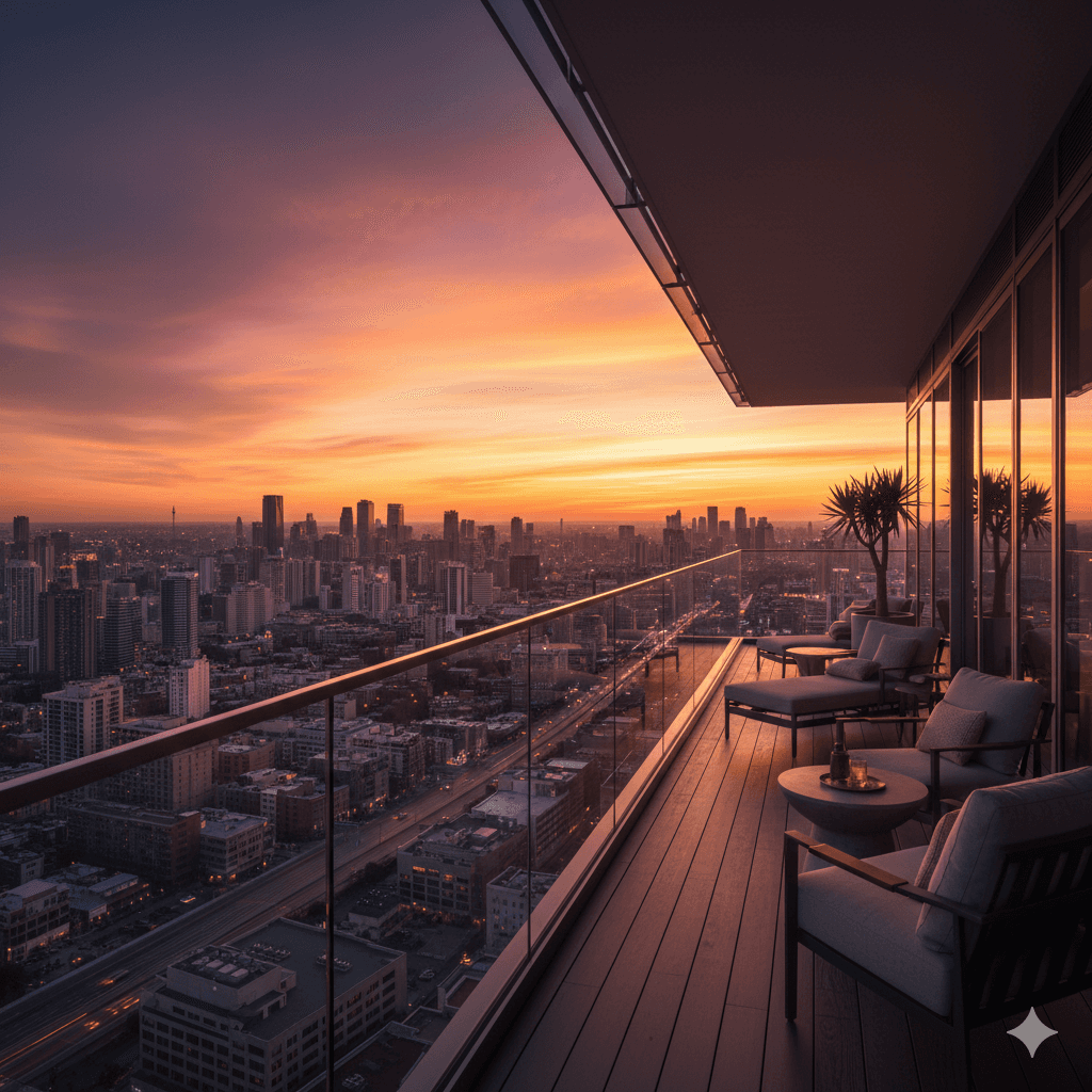 Modern apartment balcony with sunset city views and designer furniture on Dwarka Expressway