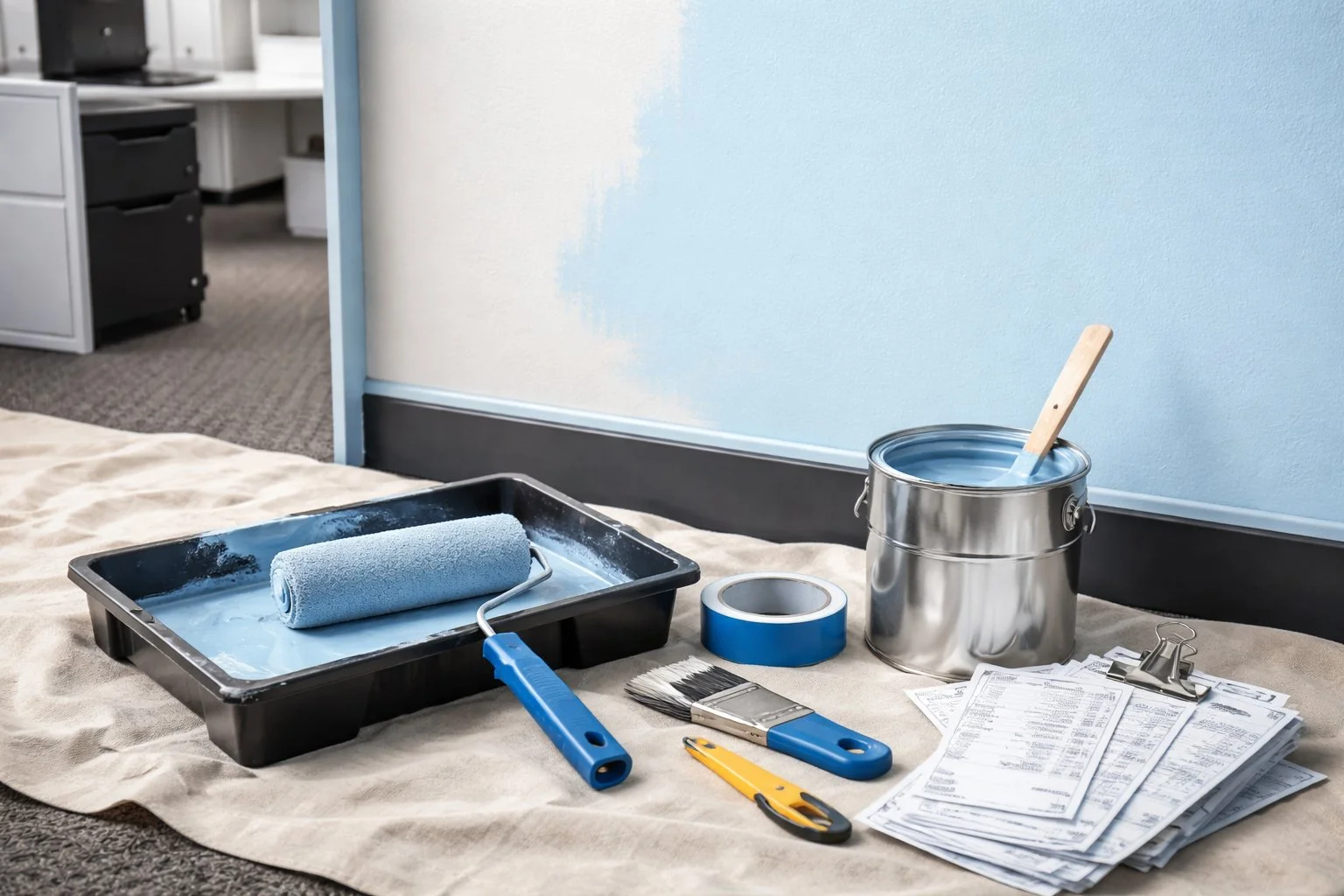 Close-up of an office wall being freshly painted, with paint supplies arranged nearby, representing direct office expenses.